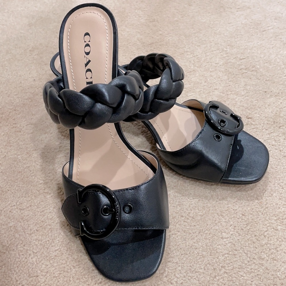 Black leather kitten heels sandals. Very versatile,  can dress up or down!